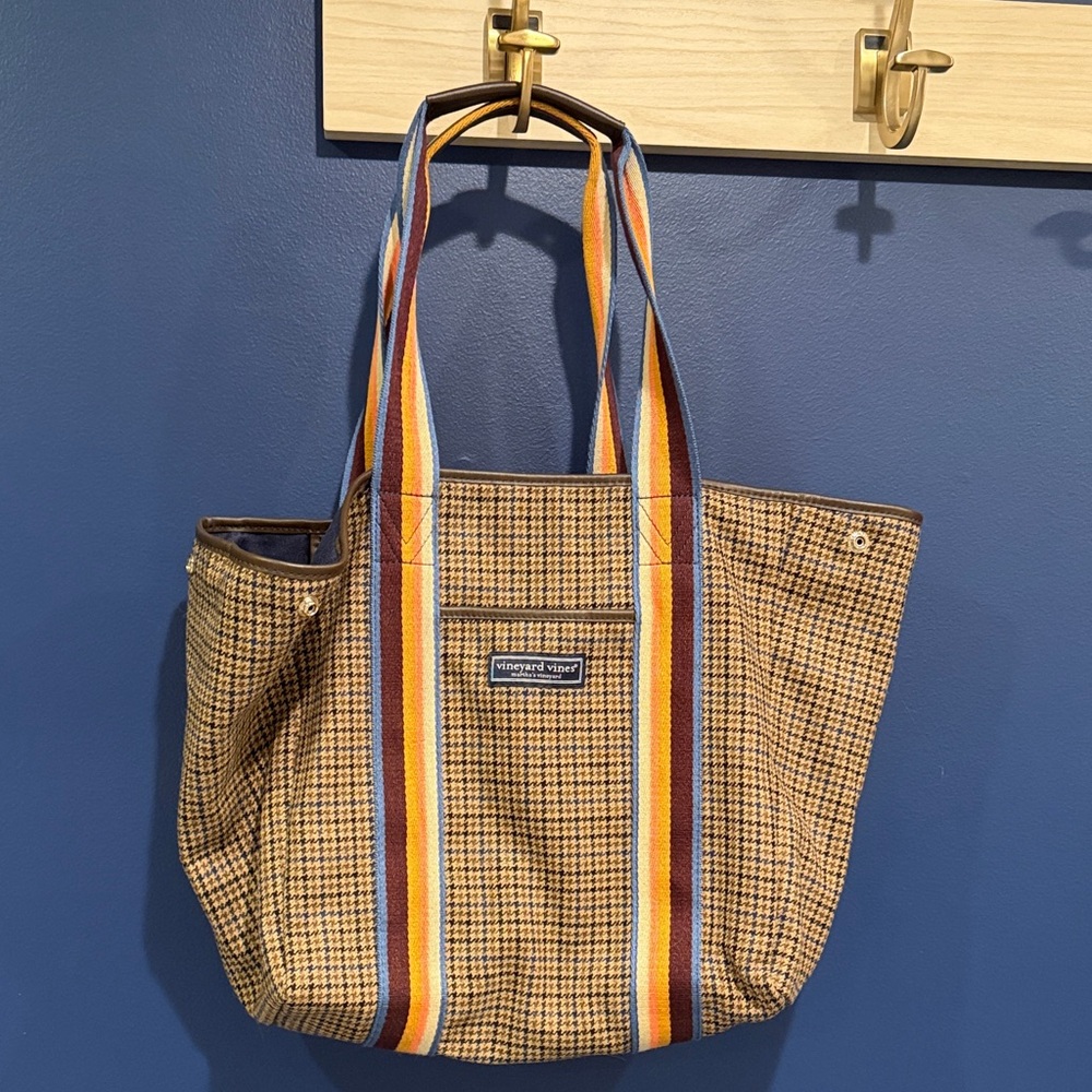 Vineyard Vines Brown Plaid Tote with Multicolor Straps